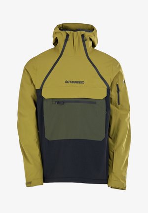 Grön och svart anorak med hög krage och justerbar huva. Har en framlång ficka och sidoglädje. Tillverkad av ett slätt, väderbeständigt material.