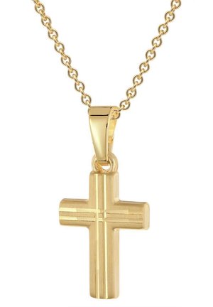 Gold chain necklace with a polished gold cross pendant featuring a subtle engraved cross pattern in the center.