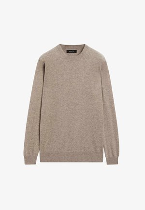 Pull beige à manches longues, col rond, avec des poignets et un ourlet côtelés, fabriqué en tissu tricoté doux, présenté sur un fond blanc.