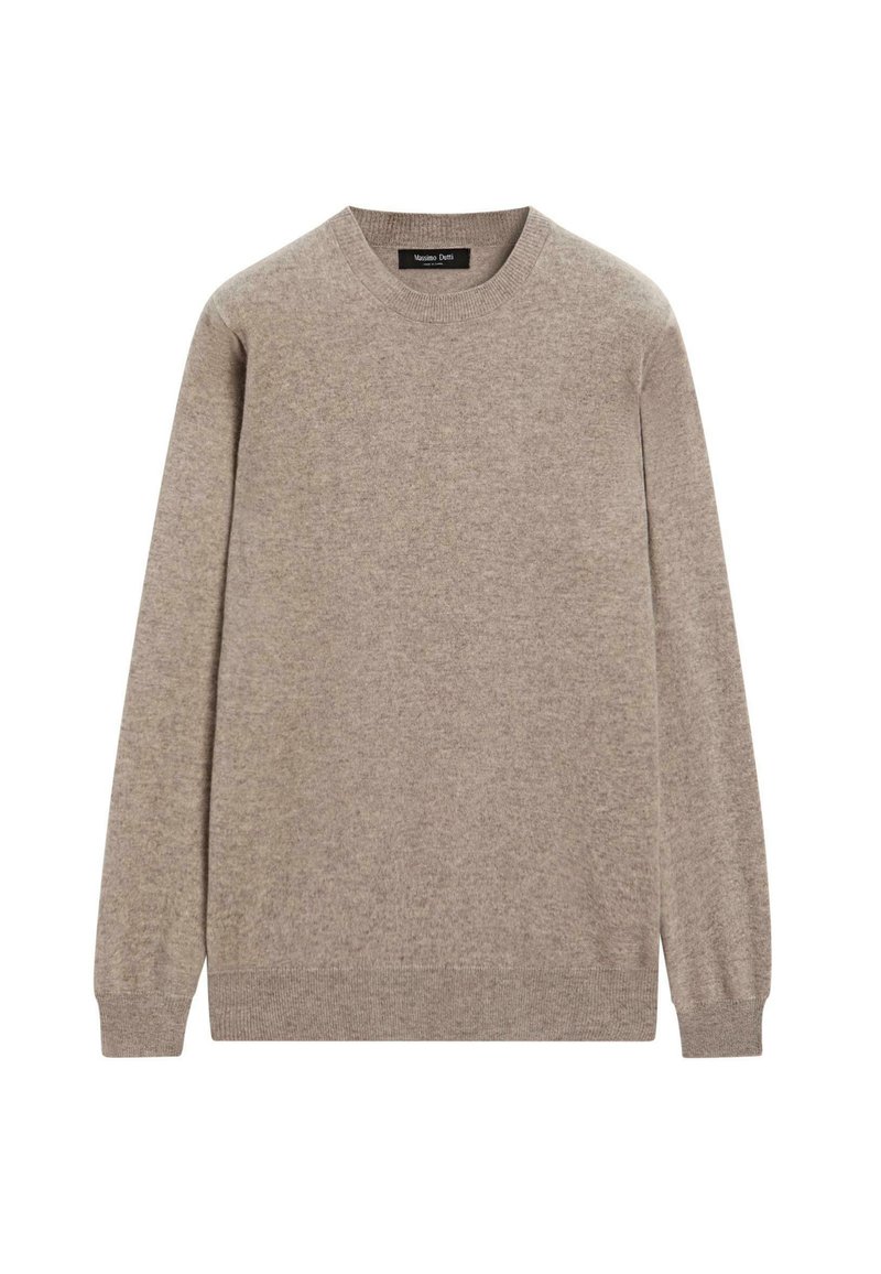 Maglione beige a maniche lunghe con collo a giro, con polsini e orlo a costine, realizzato in morbido tessuto a maglia, esposto su uno sfondo bianco.