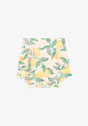 Culotte per bambini a vita alta con stampa di limoni gialli e foglie verdi su sfondo crema, tessuto morbido ed elastico.