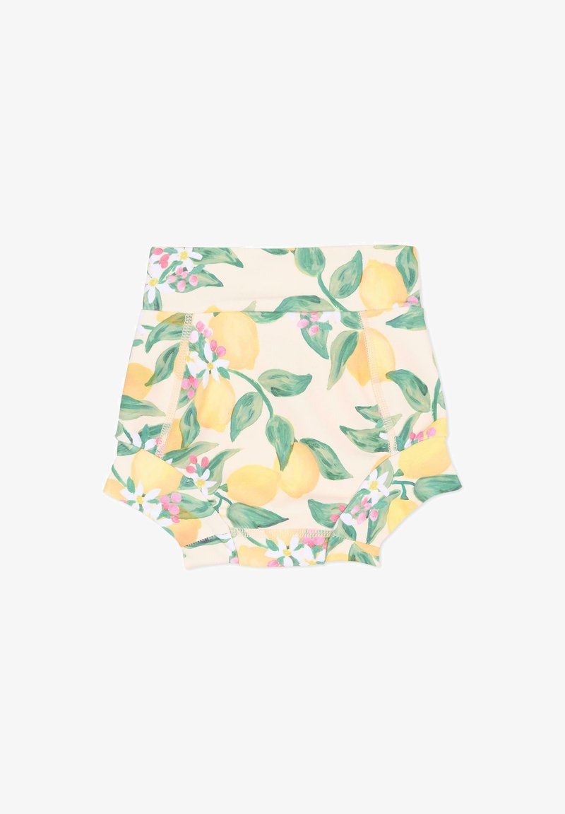 Braguitas para bebé de talle alto con estampado de limones amarillos y hojas verdes sobre fondo crema, tejido suave y elástico.