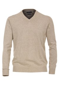 V-Ausschnitt-Pullover in hellem Beige, gestrickte Textur, lange Ärmel, gerippte Bündchen und Saum, mit subtiler Logo auf der Brust.