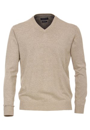 V-Ausschnitt-Pullover in hellem Beige, gestrickte Textur, lange Ärmel, gerippte Bündchen und Saum, mit subtiler Logo auf der Brust.