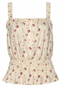 Beżowa bluzka bez rękawów z marszczonym pasem i dołem, z drobnym różowym i czerwonym kwiatowym wzorem oraz cienkimi ramiączkami.