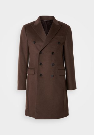 Brauner, doppelt knöpfbarer Wollmantel mit Shiny-Lapel, sechs schwarzen Knöpfen und zwei Fronttaschen. Glatte Textur und taillierte Passform.