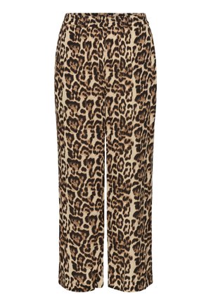 Pantaloni leopard print realizzati in tessuto leggero, con design a gamba larga, vita elastica e uno sfondo beige con macchie marrone scuro.