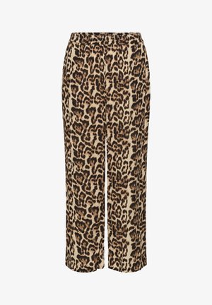 Leopardprintbroek van lichtgewicht stof, met een wijduitlopende snit, elastische tailleband en een beige achtergrond met donkere bruine vlekken.