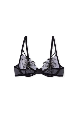 Soutien-gorge en mesh noir transparent avec armatures et broderies florales sur les bonnets, bretelles réglables et bandes de soutien sur les côtés.