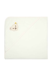 White baby blanket with a textured finish, featuring a beige bear applique with a yellow accent and pink piping along the edges.