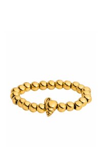 Gouden ring met een bead-design en een sculptuur van een hart. Glad, glanzend oppervlak met uniforme bolvormige kralen overal.