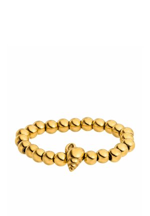 Goldfarbener Ring mit einem perlenförmigen Design und einem skulptierten Herzdetail. Glatte, glänzende Oberfläche mit gleichmäßig verteilten, sphärischen Perlen.