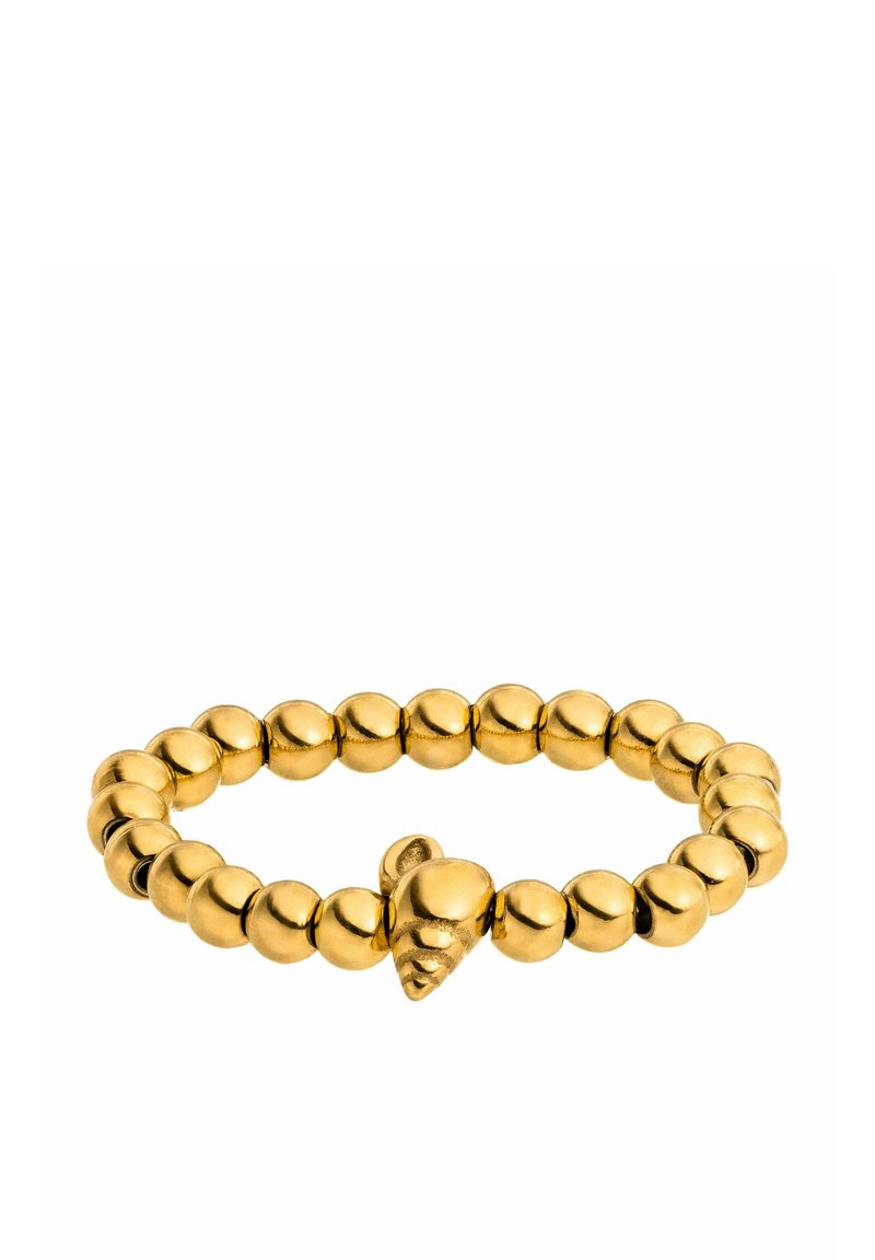 Gouden ring met een bead-design en een sculptuur van een hart. Glad, glanzend oppervlak met uniforme bolvormige kralen overal.