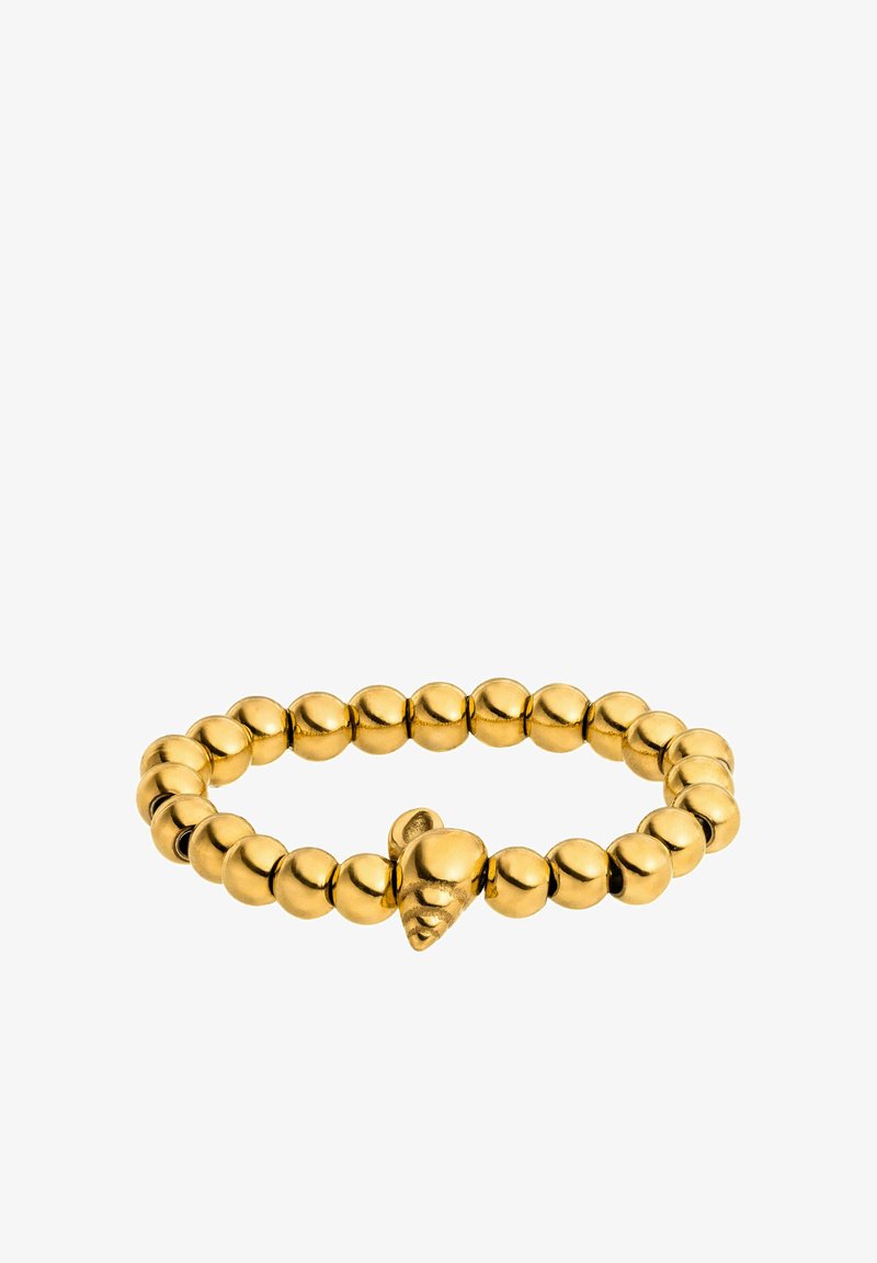 Gouden ring met een bead-design en een sculptuur van een hart. Glad, glanzend oppervlak met uniforme bolvormige kralen overal.