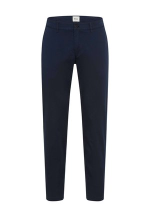 Pantaloni slim fit blu navy con chiusura a bottone e zip, passanti per cintura e etichetta del marchio sulla parte anteriore della vita.