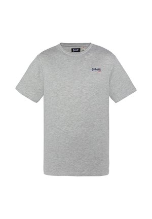 Grå kortærmet t-shirt lavet af bomuld, med rund halsudskæring og et lille blåt broderet logo på venstre bryst.