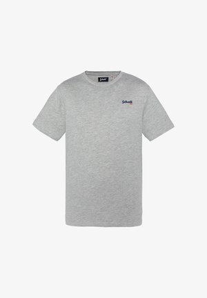 Camiseta de algodón de manga corta en color gris, con cuello redondo y un pequeño logo bordado en azul en el lado izquierdo del pecho.