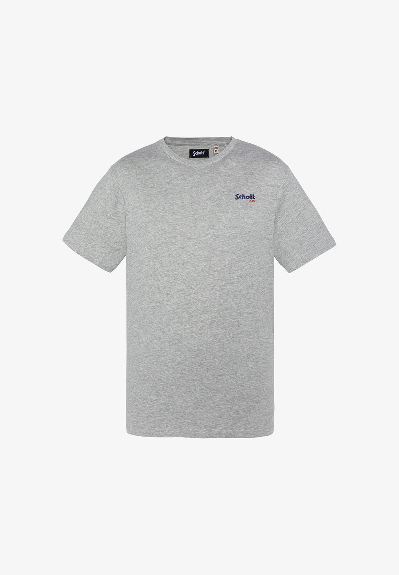 T-shirt grigio a maniche corte in cotone, con scollo rotondo e un piccolo logo ricamato blu sul lato sinistro del petto.