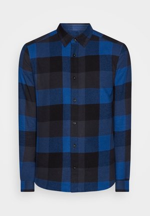 Langærmet skjorte i mørkeblå og sort ternet mønster, med en krave med knapper, frontknapper og en glat stofstruktur.