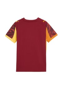 Röd idrottströja med korta ärmar. Gula detaljer på axlarna, med ett mönster i nyanser av brunt och svart. Slät textur.