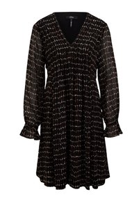 Czarna sukienka do kolan z długimi przezroczystymi rękawami, falbankami na mankietach, dekoltem w serek oraz geometrycznym białym wzorem w kratę.