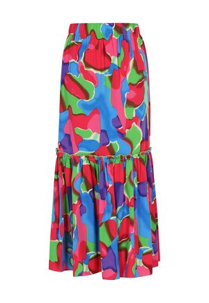 Višebojna suknja s apstraktnim uzorkom u svijetlim nijansama crvene, plave, zelene i ljubičaste. Elastična pojasnica i lepršavi rub ruffle.