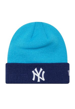 Cuffia lavorata a maglia azzurro chiaro con risvolto blu scuro che presenta il logo bianco intrecciato "NY" e una piccola toppa laterale con il logo.