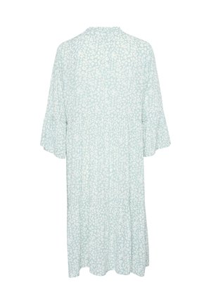 Šviesiai mėlyna suknelė su gėlių raštais, turinti trumpas pūkuotas rankoves ir kelių lygių sijoną. Pagaminta iš minkštos, lengvos medžiagos.