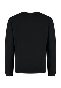 Schwarzer Pullover mit langen Ärmeln, Rundhalsausschnitt, gerippten Bündchen und einer glatten Textur. Schlichtes Design ohne sichtbare Muster oder Hardware.