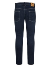 Granatowe dżinsy pokazane z tyłu, z podwójnie szytymi kieszeniami i brązową skórzaną łatą firmy na pasku.