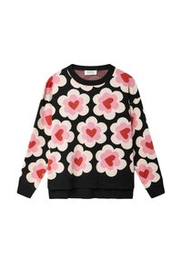 Suéter negro de cuello redondo con grandes flores rosas y blancas, cada una con una forma de corazón rojo en el centro.