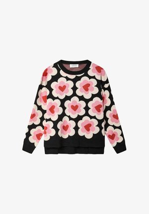 Suéter negro de cuello redondo con grandes flores rosas y blancas, cada una con una forma de corazón rojo en el centro.