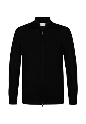 Black long-sleeve zip-up cardigan with high collar, ribbed cuffs, and hem, displayed on a plain white background.