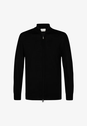 Cárdigan negro de manga larga con cremallera, cuello alto, puños y dobladillo acanalados, exhibido sobre un fondo blanco liso.