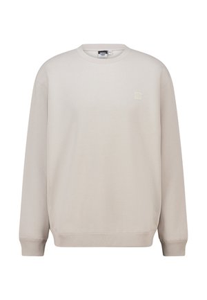 Beige sweatshirt met lange mouwen, geribbelde halslijn en manchetten, met een klein geëmbossed logo op de borst. Gemaakt van zachte, rekbare stof.