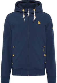 Navy Kapuzenjacke mit Reißverschluss, gelben Hardware-Details, Kordelzügen, gerippten Bündchen und Saum, mit einem dezenten Logo auf der Brust.