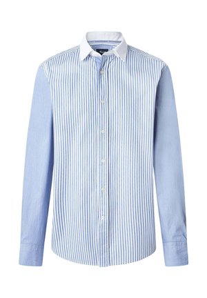 Camicia a righe con righe verticali blu e bianche, manica sinistra in tinta unita blu a contrasto e colletto bianco. Realizzata in tessuto leggero.