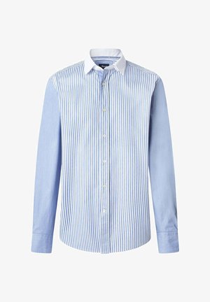 Gestreept button-up shirt met blauwe en witte verticale strepen, contrasterende effen blauwe linkermouw en witte kraag. Gemaakt van lichtgewicht stof.