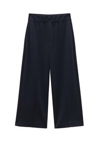 Pantaloni a gamba larga in blu navy realizzati in un tessuto morbido, dotati di una vita elasticizzata e tasche laterali per praticità e comfort.