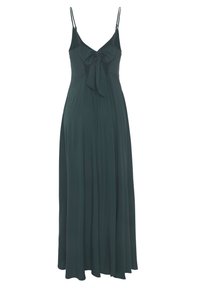 Dunkelgrünes Maxikleid aus weichem Stoff, mit V-Ausschnitt, verstellbaren Trägern und einer Schleifendetail vorne. Fließendes Design mit lockerer Passform.