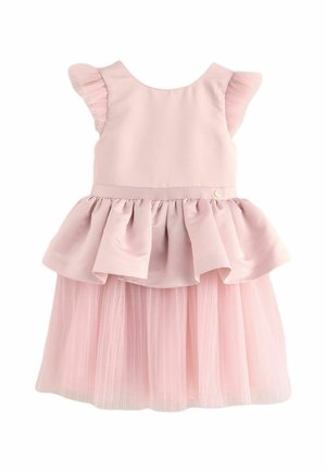 Pink dress with a fitted bodice, ruffled sleeves, and layered tulle skirt. Button detail at the waist, smooth fabric with a soft texture.