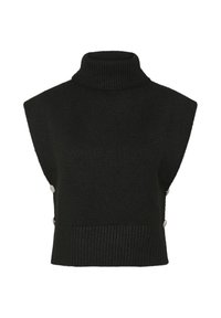 Čierny pletený bezrukávový rolák s rebrovaným lemem a plecami. Dekoratívne gombíky po stranách. Mäkko pôsobiaca textúra, minimalistický dizajn.