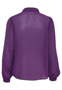 Blouse violette transparente avec motif texturé à carreaux, manches longues bishop et col, vue de dos.