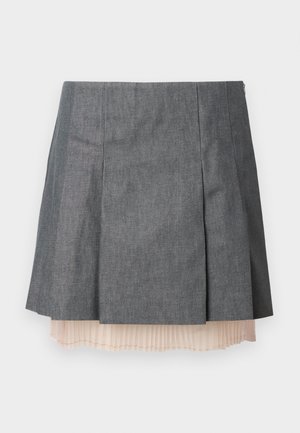 Gray pleated skirt with a textured finish, featuring a semi-sheer light pink pleated underlayer and a side zipper closure.