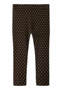 Brune ribbestrikkede leggings med små beige polkaprikker, vist flatt, med full lengde og elastisk midjebånd.