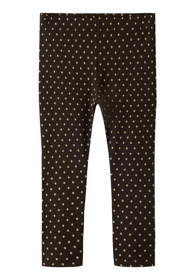 Brune ribbestrikkede leggings med små beige polkaprikker, vist flatt, med full lengde og elastisk midjebånd.