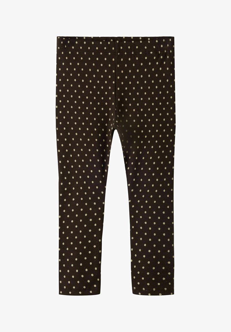 Brune ribbestrikkede leggings med små beige polkaprikker, vist flatt, med full lengde og elastisk midjebånd.