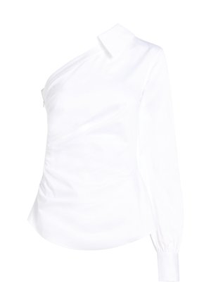 Balta asimetrinė palaidinė su vienos peties dizainu, ilgomis rankovėmis, apykakle ir susiraukšlėjimu šone. Lygi, lengva medžiaga.