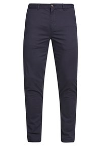 Navyblauwe slim-fit broeken met riemlussen, een sluiting met knoop en rits aan de voorkant, en twee zijzakken tegen een witte achtergrond.