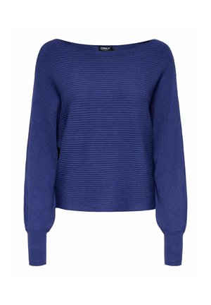 Maglione a coste blu con scollo ampio e maniche lunghe. Presenta una vestibilità rilassata e una texture morbida. Logo del brand visibile all'altezza dello scollo.